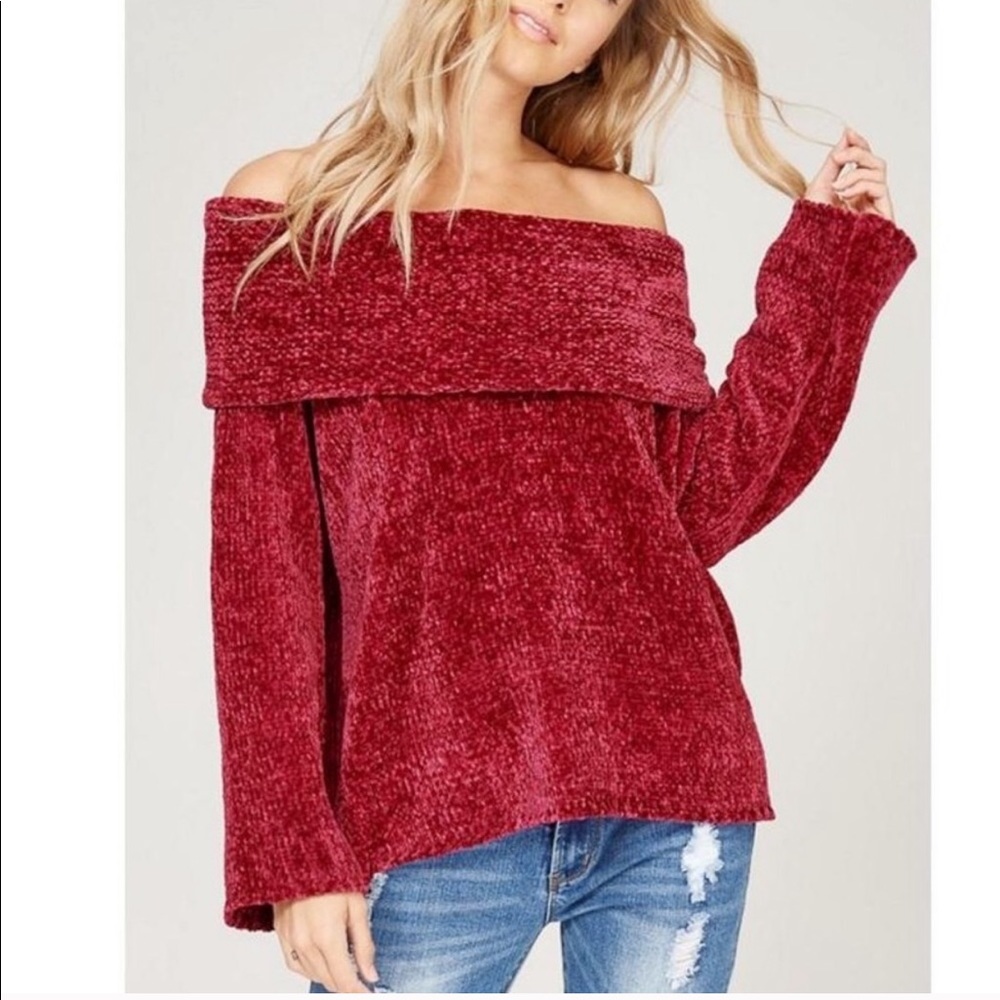 SO IT IS- off the shoulder soft burgundy sweater